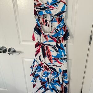 Elegant Backless Dress in Blue, Red, and White